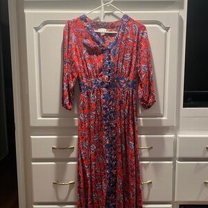 Japna Vibrant Red and Blue Long Sleeve Dress